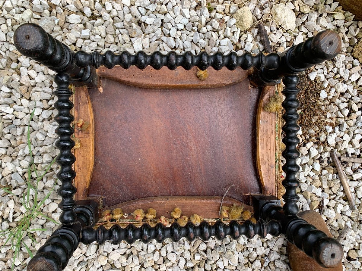 Small Foot Stool In Stained Wood And Pompoms -photo-5