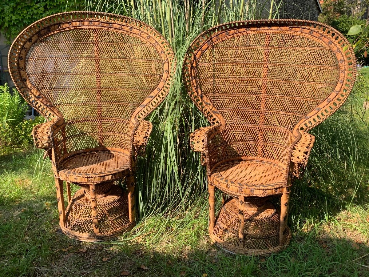 Paire De Fauteuils En Rotin Teintés Et Tressés Vers 1970-photo-7