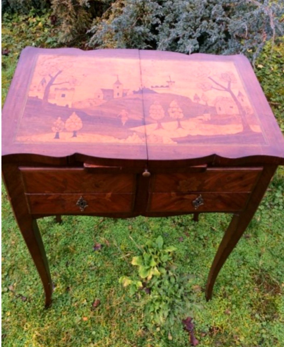 Marquetry Dressing Table Depicting A 19th Century Landscape.