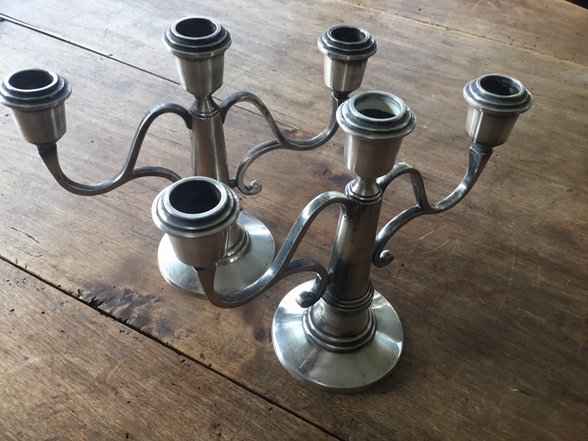 The Pair Of Art Deco Candlesticks In Silver Metal-photo-2