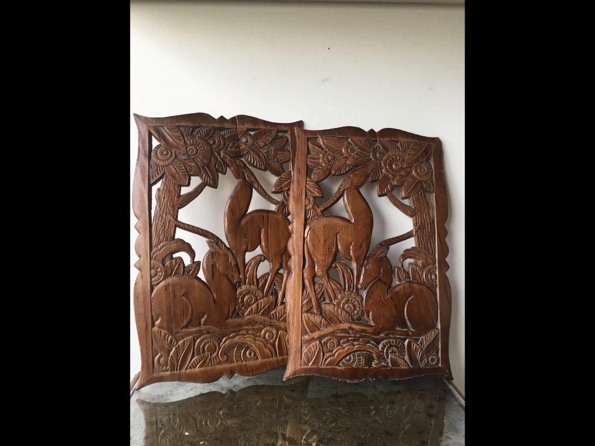 The Pair Of Art Deco Carved Antelope Panels -photo-4
