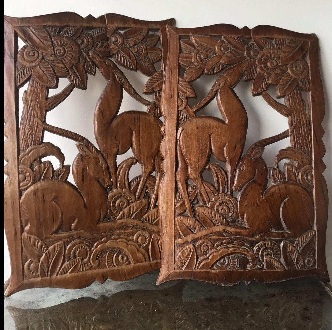 The Pair Of Art Deco Carved Antelope Panels -photo-2