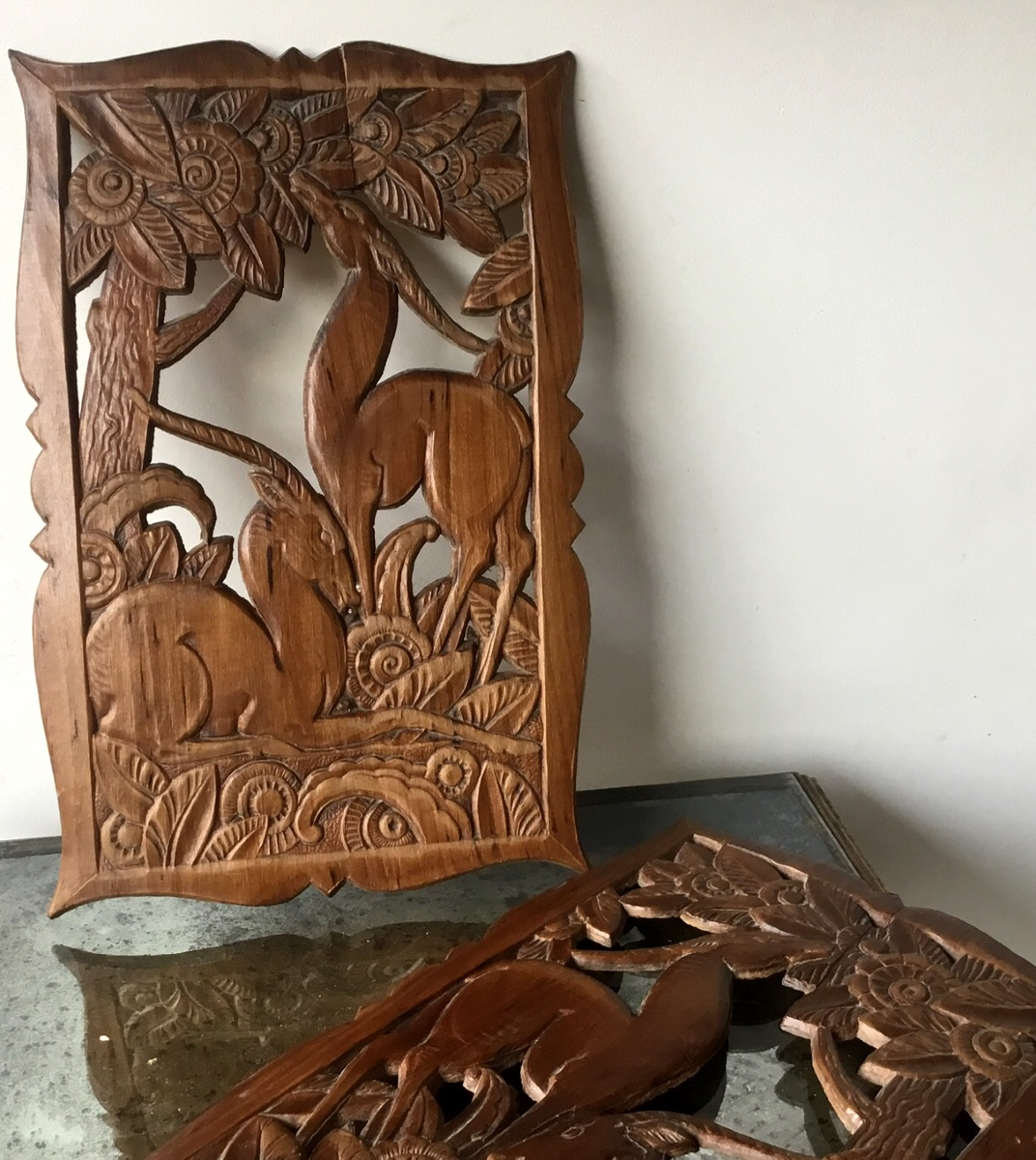 The Pair Of Art Deco Carved Antelope Panels 