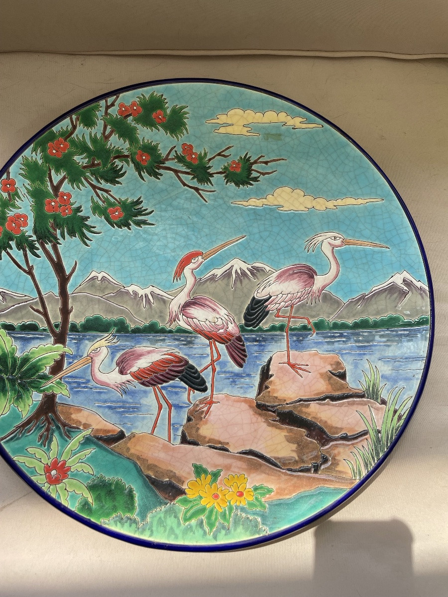 Longwy Dish With Egrets By Chevallier -photo-3