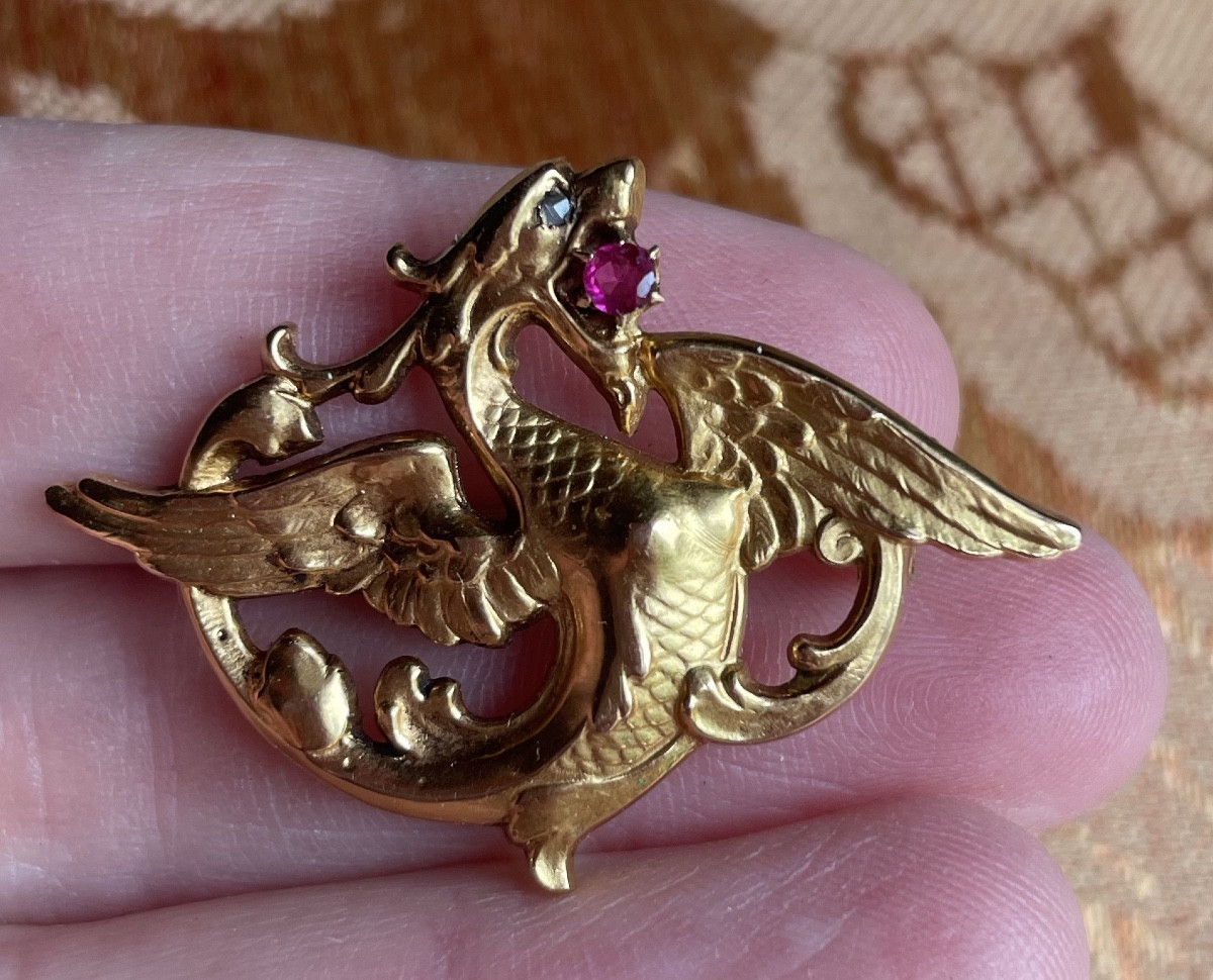 Art Nouveau Broche En Or Au Dragon 
