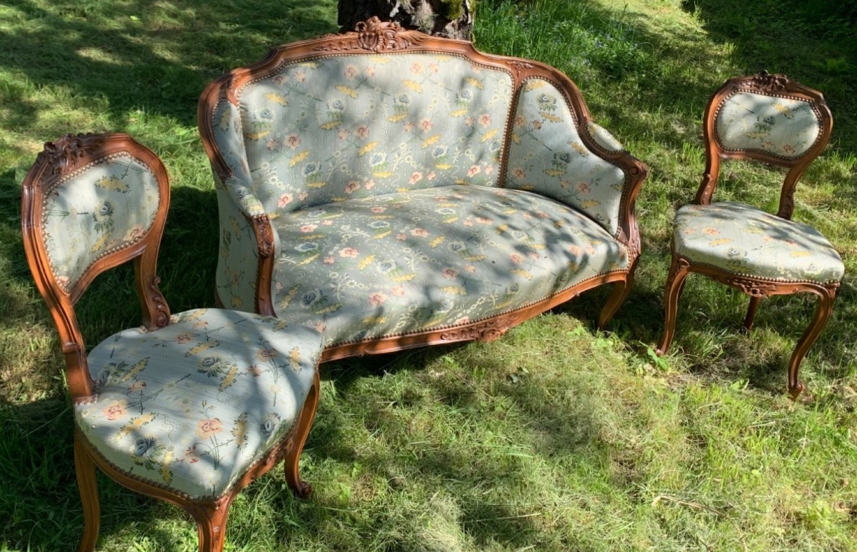 Small Louis XV Living Room Covered In Blue Floral Silk