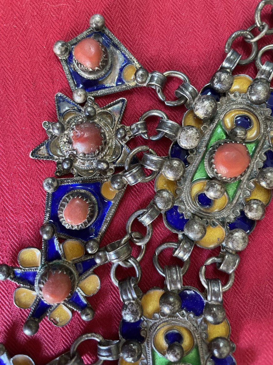  Silver Breastplate Necklace With Enamel Decoration And Coral Cabochons-photo-4