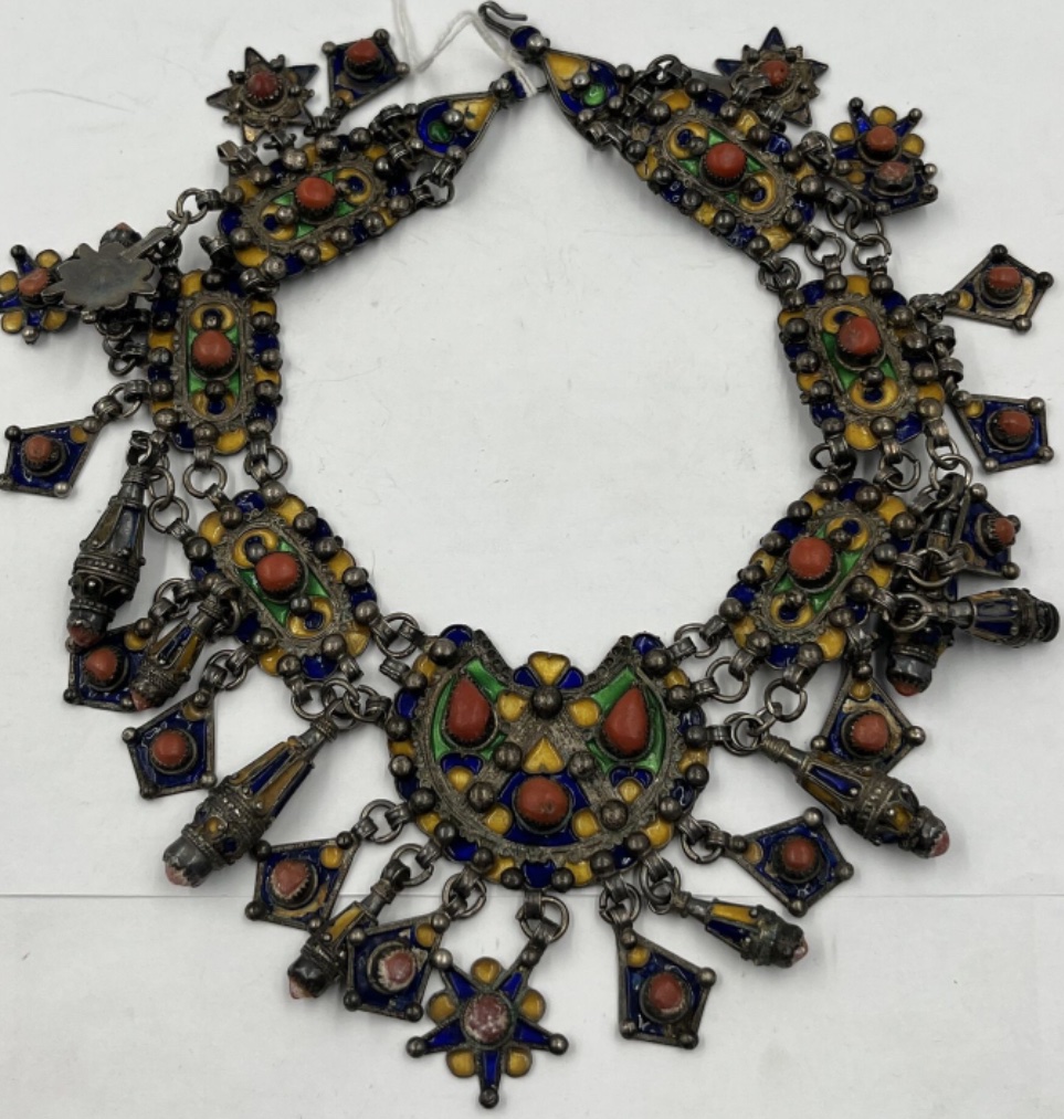  Silver Breastplate Necklace With Enamel Decoration And Coral Cabochons-photo-8