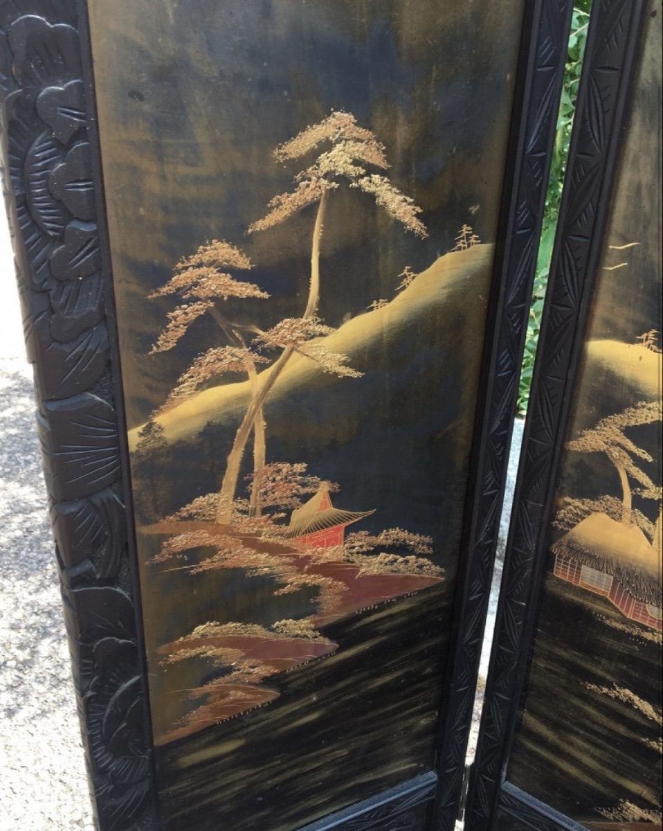 Small Japanese Screen With Mount Fuji Lacquer Decor-photo-3