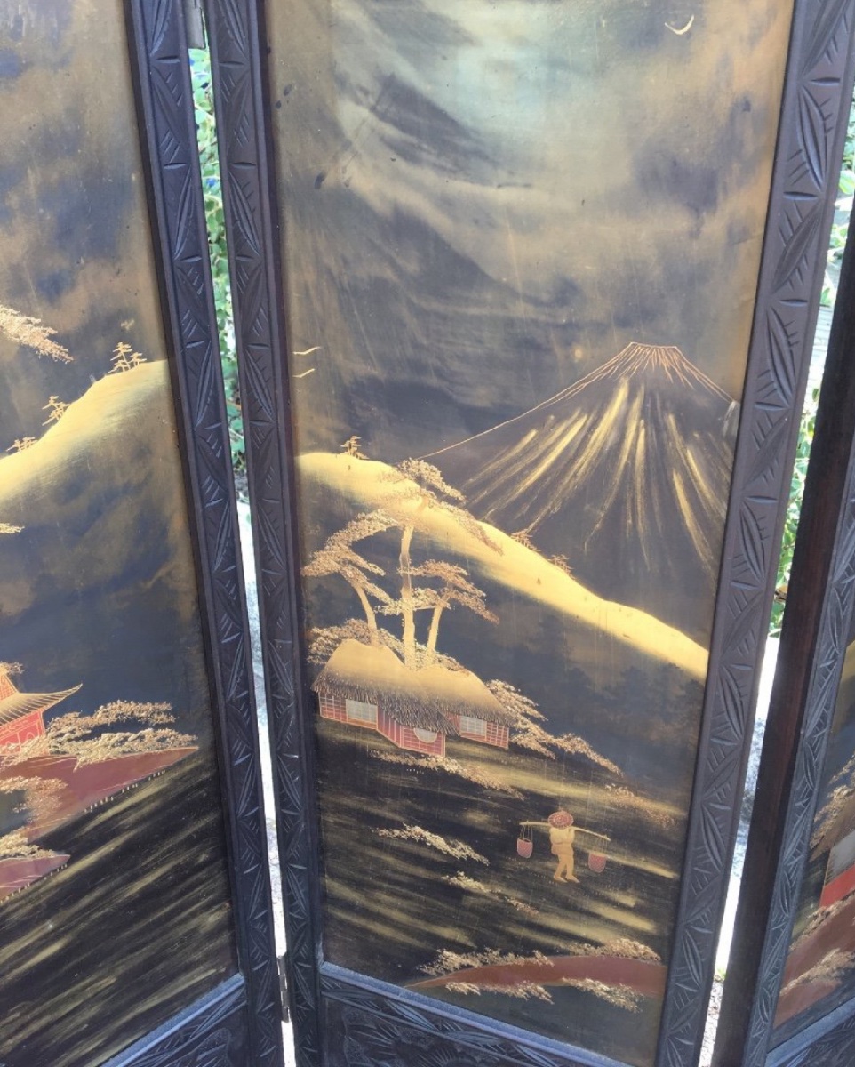 Small Japanese Screen With Mount Fuji Lacquer Decor-photo-4