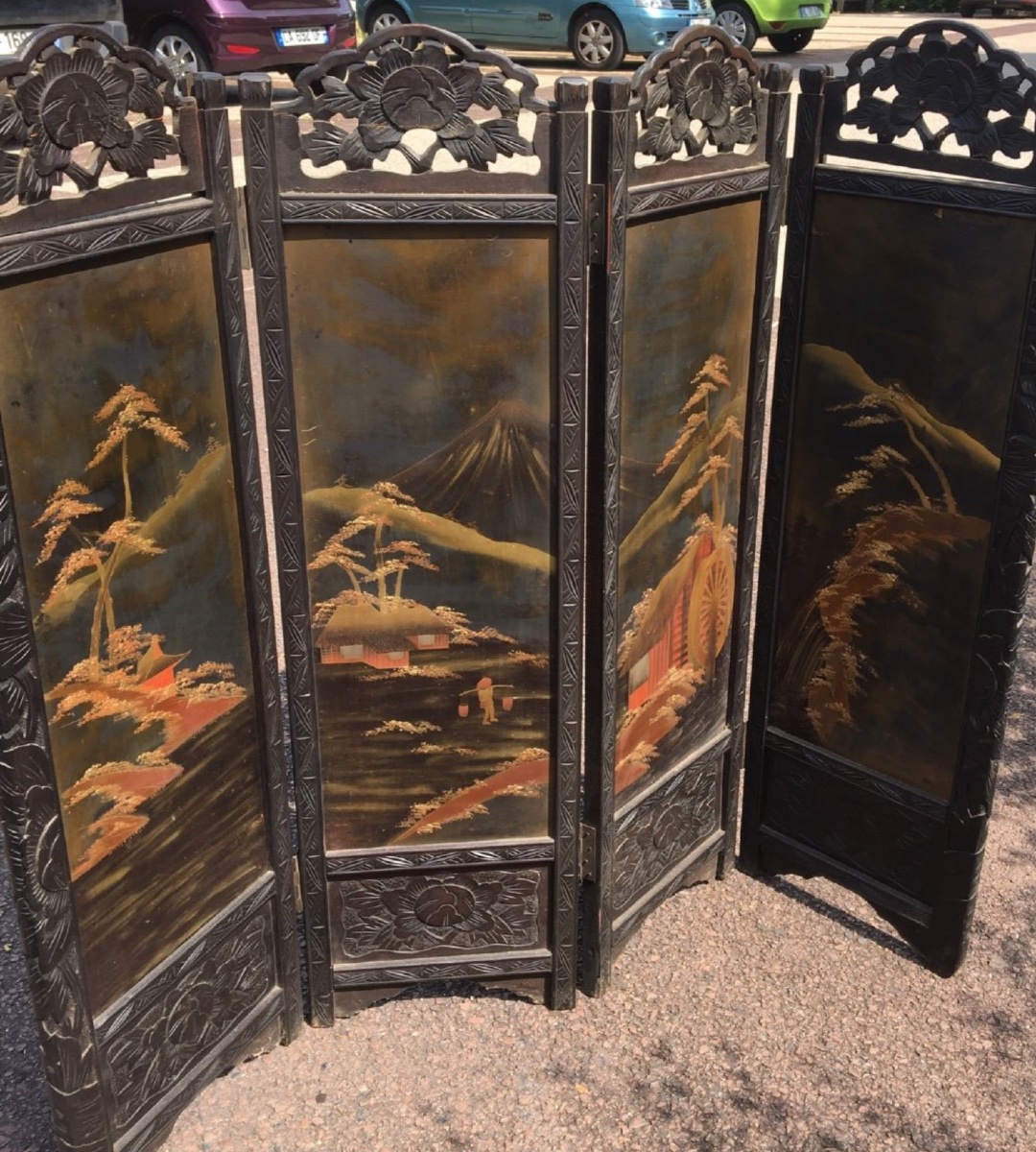 Small Japanese Screen With Mount Fuji Lacquer Decor-photo-3