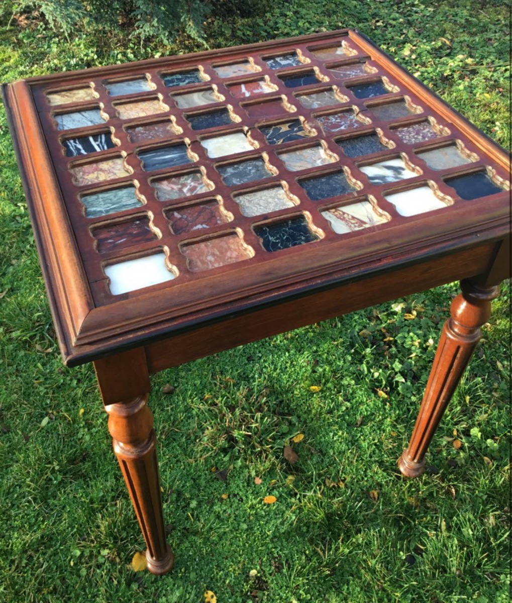 Louis XVI Style Table With Marble Marquetry Top-photo-3