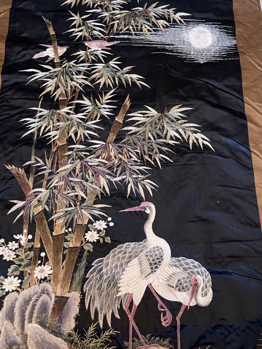 Large Asian Embroidery, Cranes At Rest, On Silk -photo-4