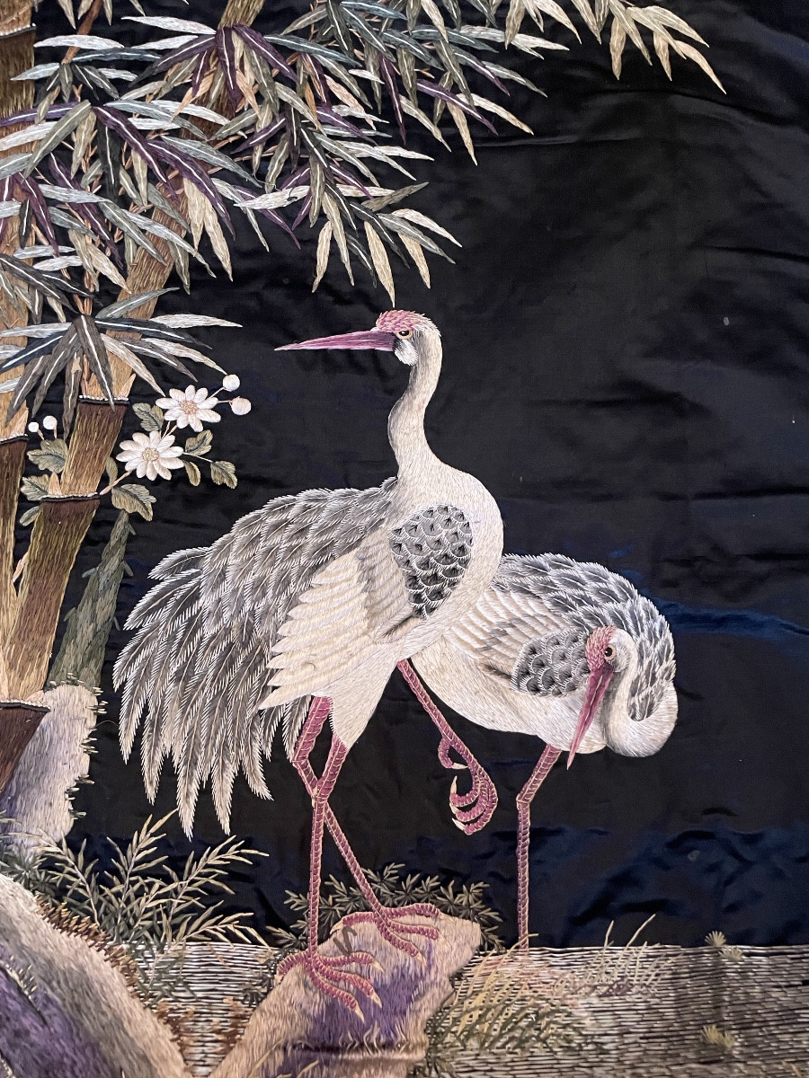 Large Asian Embroidery, Cranes At Rest, On Silk 