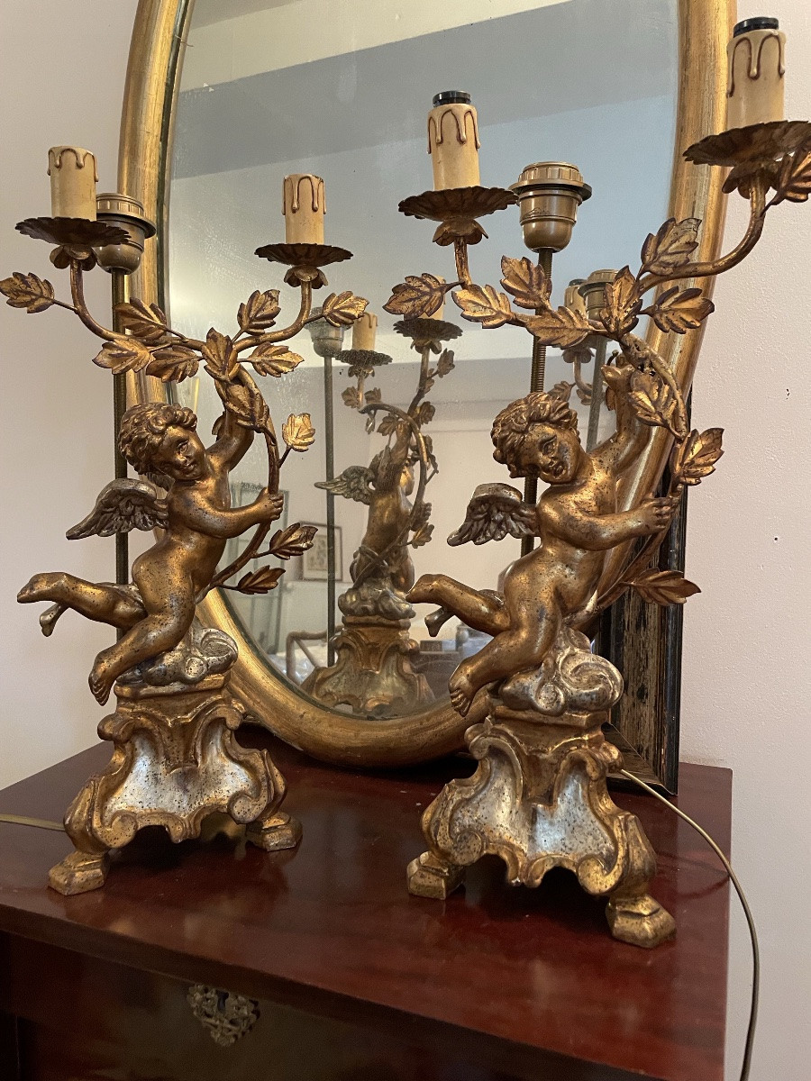 Pair Of Putti Lamps With Gold And Silver Patina -photo-2