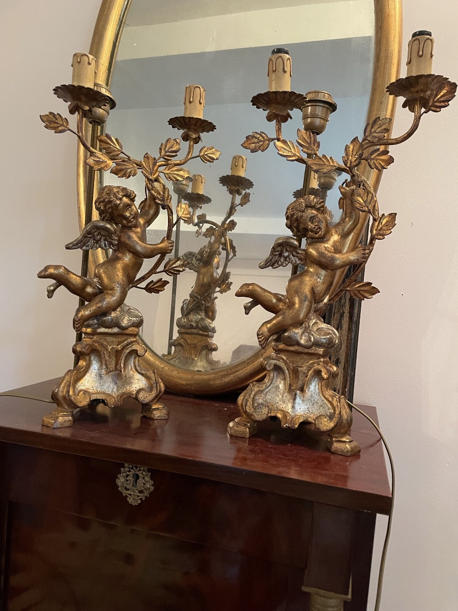 Pair Of Putti Lamps With Gold And Silver Patina -photo-3