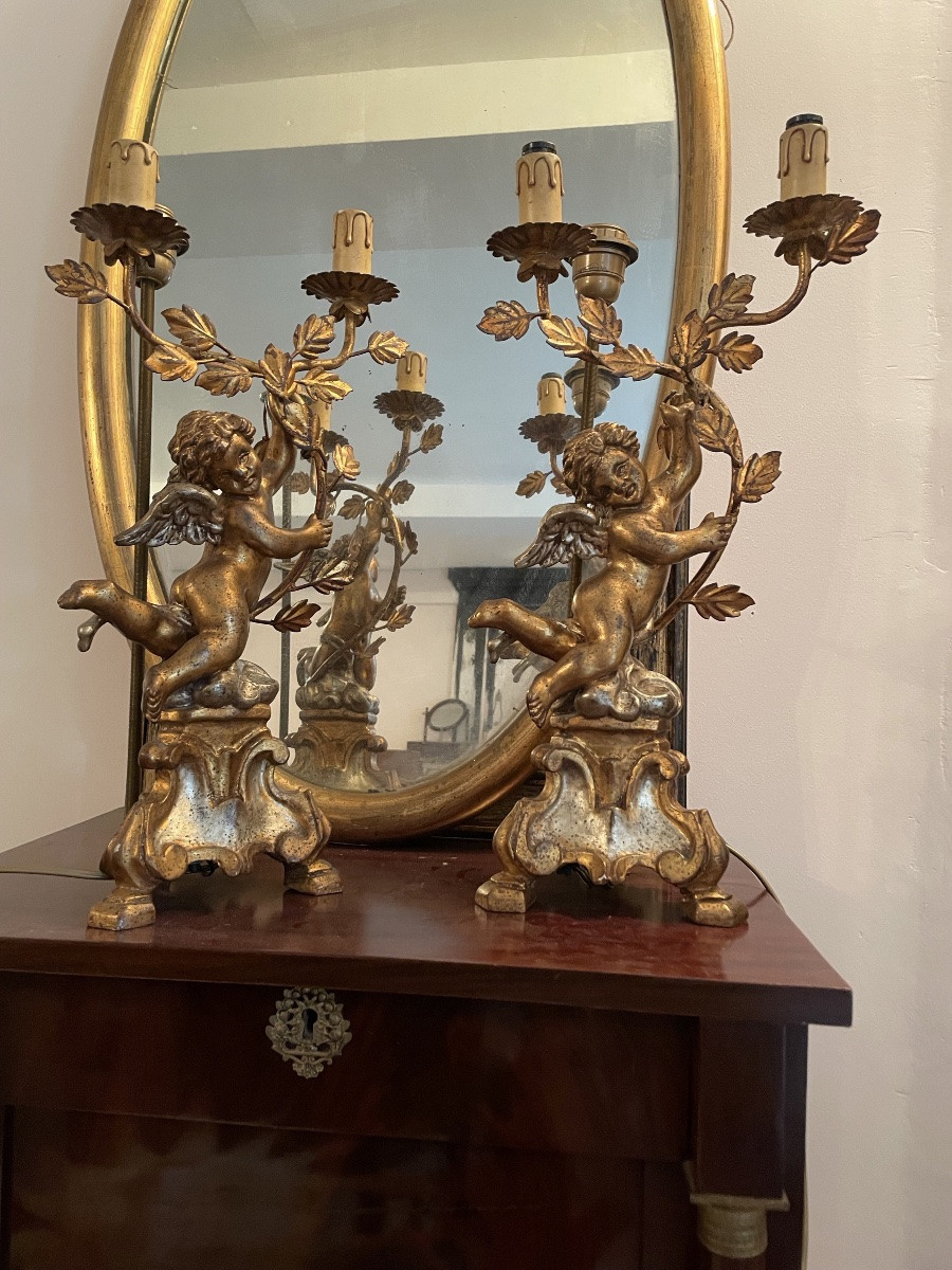 Pair Of Putti Lamps With Gold And Silver Patina -photo-3