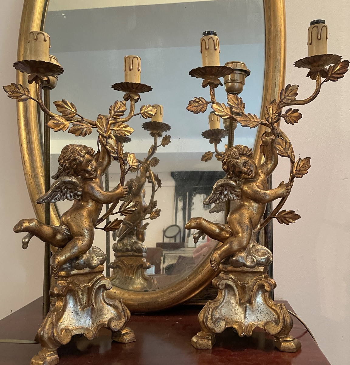 Pair Of Putti Lamps With Gold And Silver Patina 