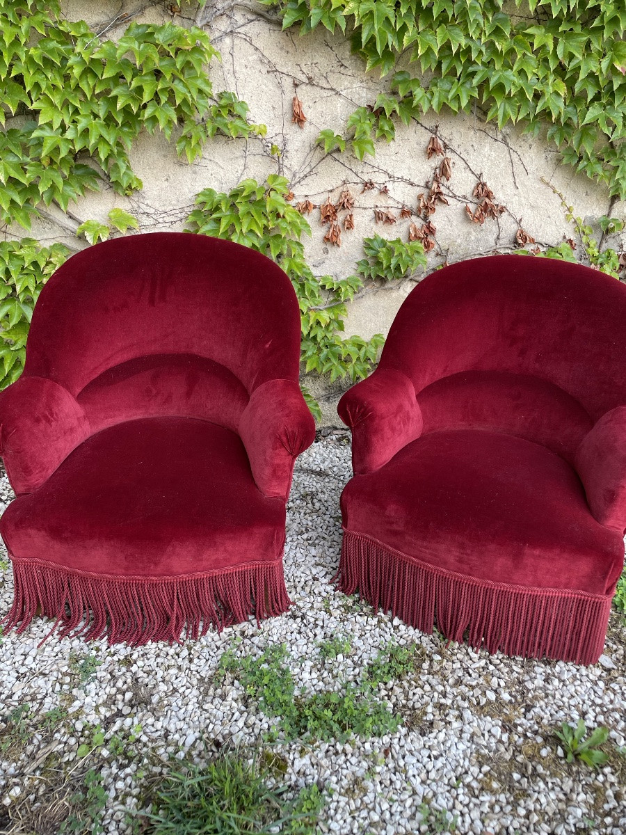 Paire De Fauteuils « Crapauds » Napoléon III Recouverts De velours -photo-2