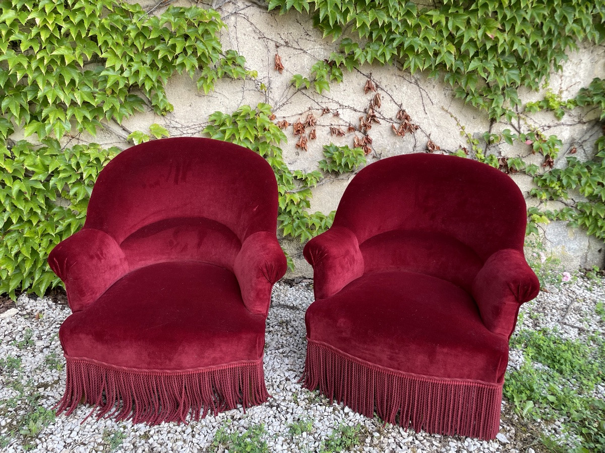 Paire De Fauteuils « Crapauds » Napoléon III Recouverts De velours -photo-3