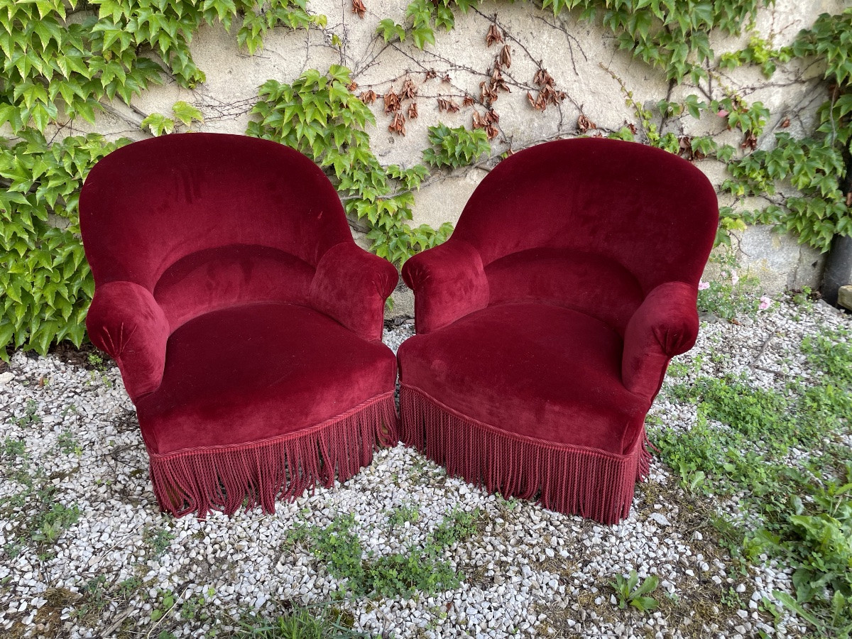 Paire De Fauteuils « Crapauds » Napoléon III Recouverts De velours -photo-4