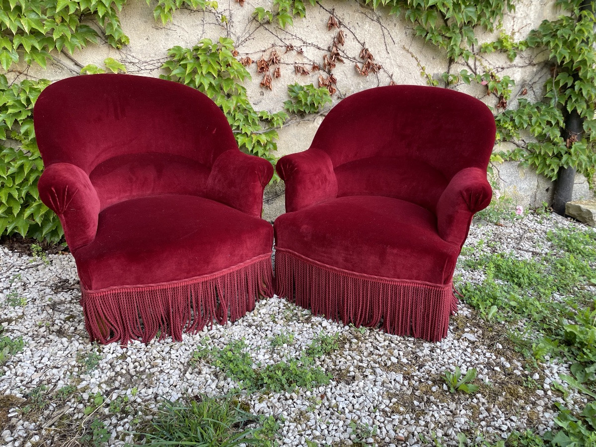 Paire De Fauteuils « Crapauds » Napoléon III Recouverts De velours -photo-1