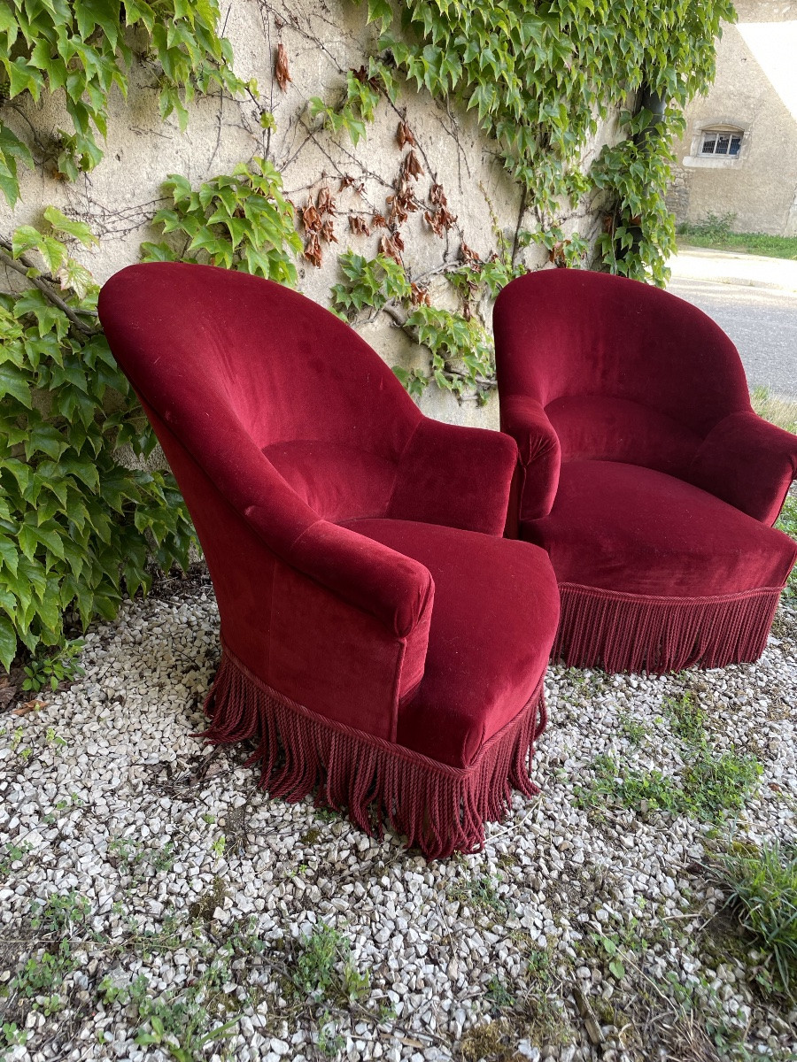 Paire De Fauteuils « Crapauds » Napoléon III Recouverts De velours -photo-2