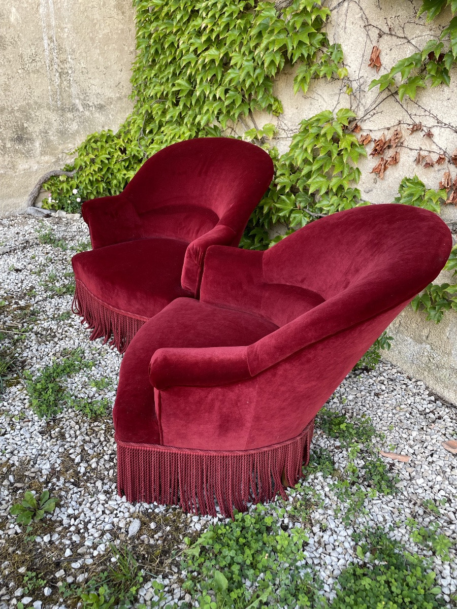 Paire De Fauteuils « Crapauds » Napoléon III Recouverts De velours -photo-4