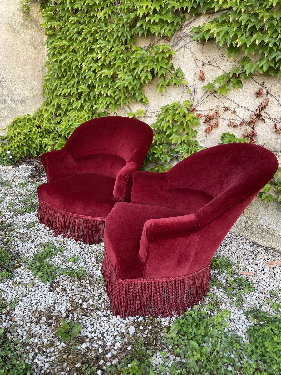 Paire De Fauteuils « Crapauds » Napoléon III Recouverts De velours -photo-5