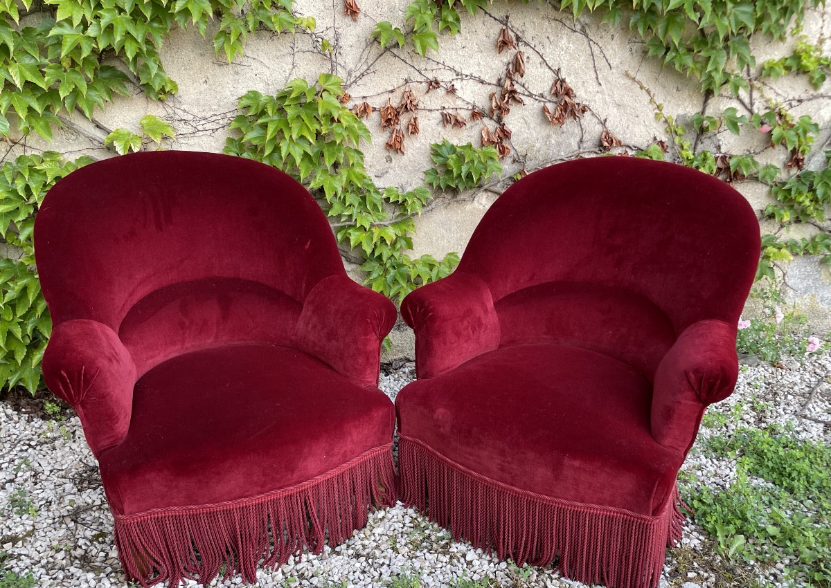 Paire De Fauteuils « Crapauds » Napoléon III Recouverts De velours 