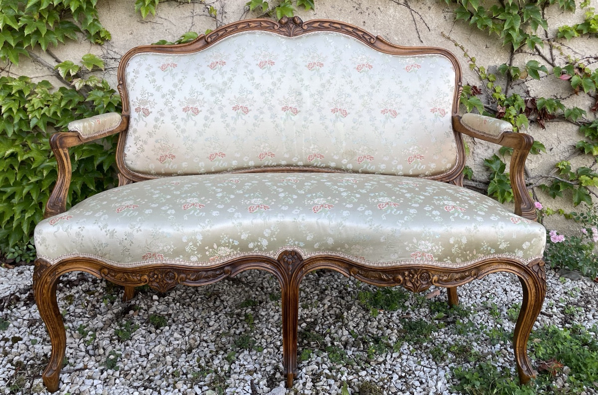 Louis XV Style Bench - Sofa With Roses And Silks 