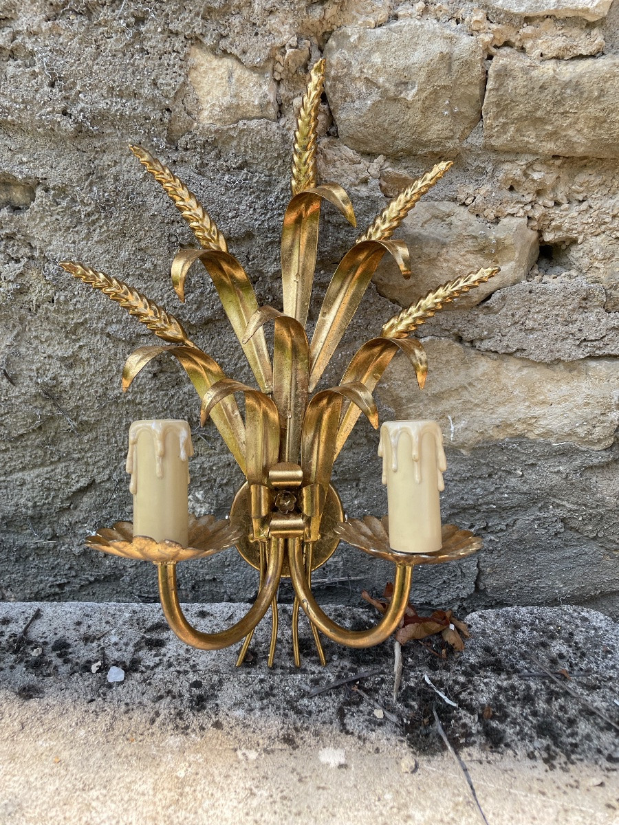 Gilded Metal Wall Lamp "sheaves Of Wheat", Circa 1970.-photo-3