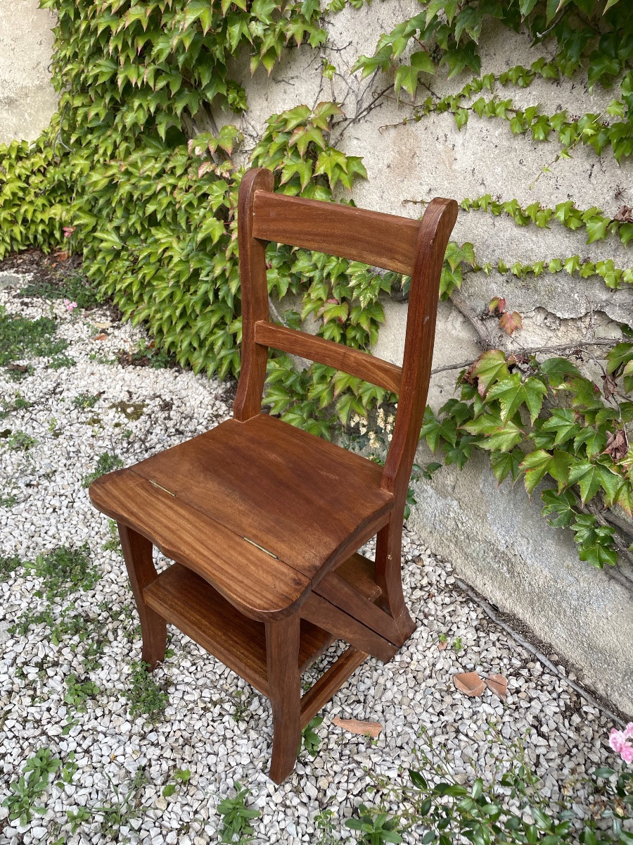 Library Stepladder Chair In Patinated Oak, Circa 1900-photo-4