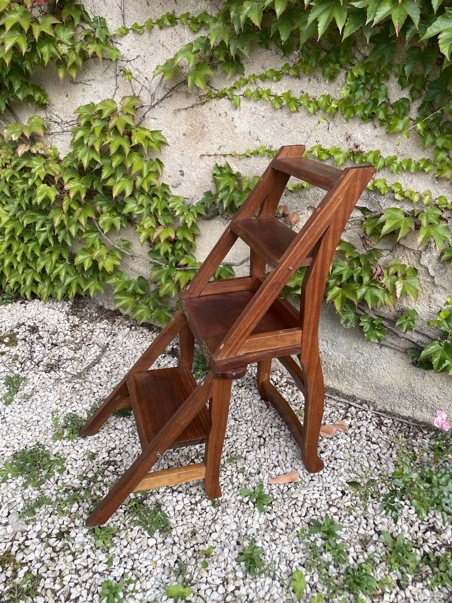 Library Stepladder Chair In Patinated Oak, Circa 1900-photo-3