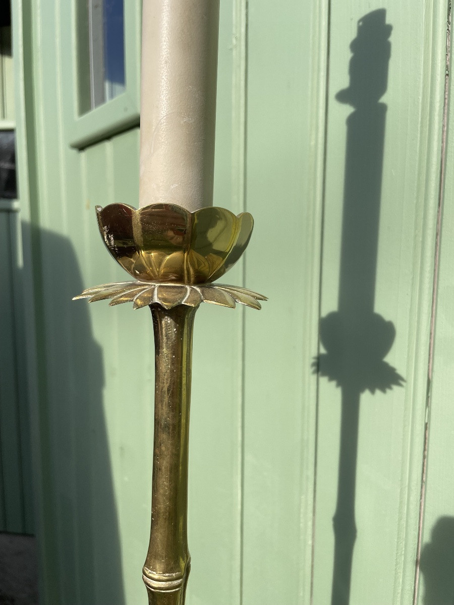 1970′ Lampadaire En Bronze Doré Maison Baguès Modèle Bambou H 160 Cm-photo-2