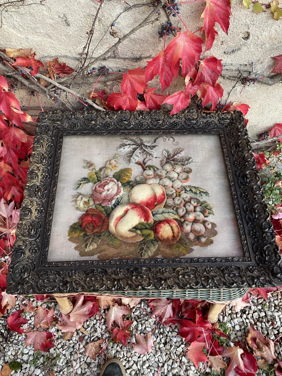 Tableau brodé , fleurs et fruits -photo-3