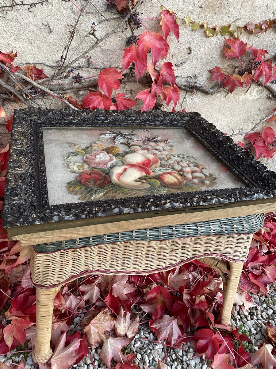 Tableau brodé , fleurs et fruits -photo-3