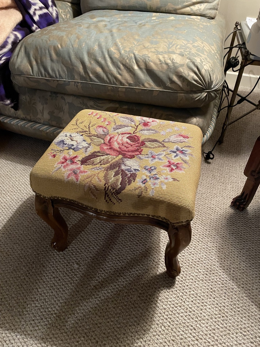 Footrest Covered In Needlepoint Tapestry-photo-2