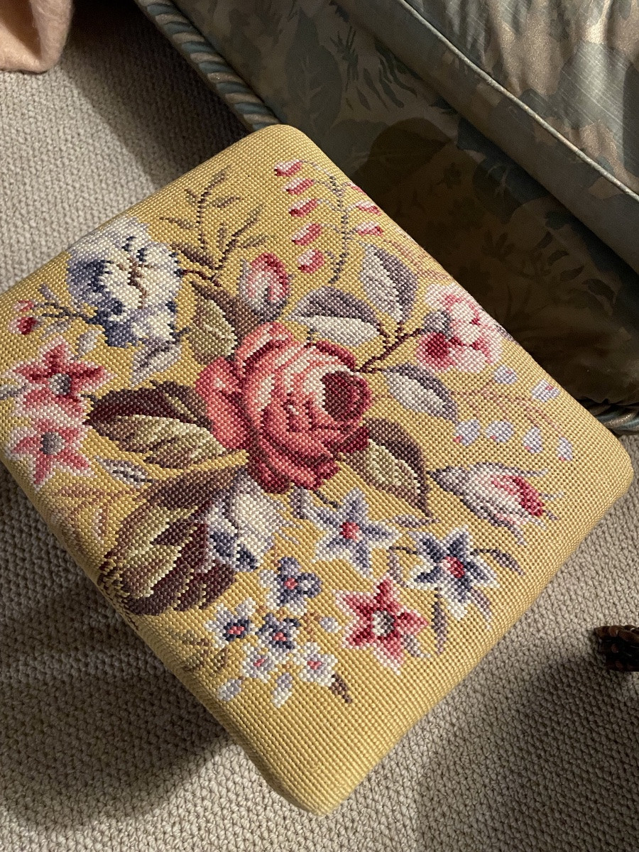 Footrest Covered In Needlepoint Tapestry-photo-3