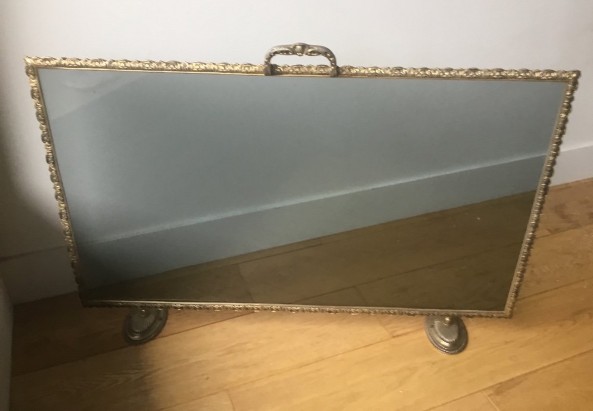 Ecran De Cheminée En Verre Fumé Et Bronze Doré-photo-4