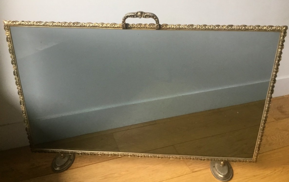 Ecran De Cheminée En Verre Fumé Et Bronze Doré