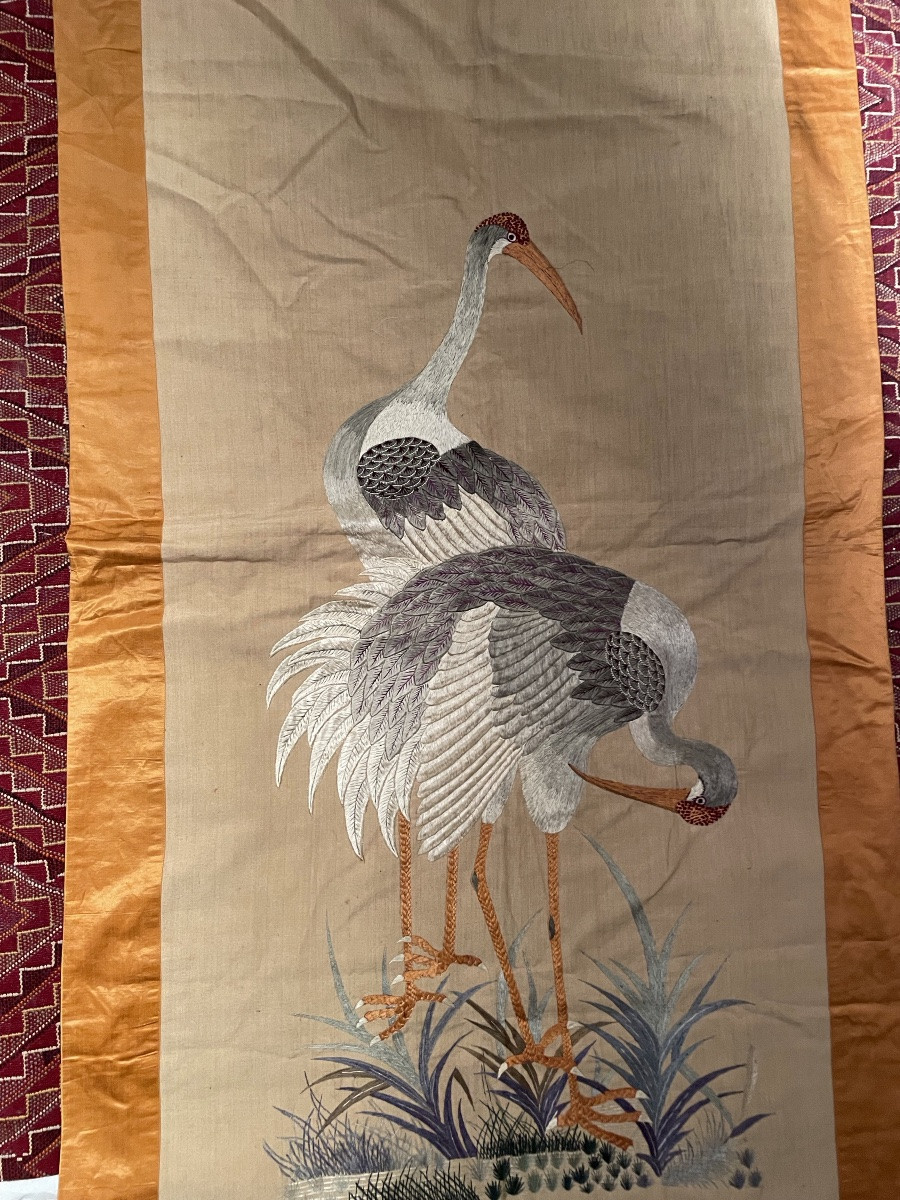 Large Asian Embroidery, Resting Cranes, On Silk-photo-3