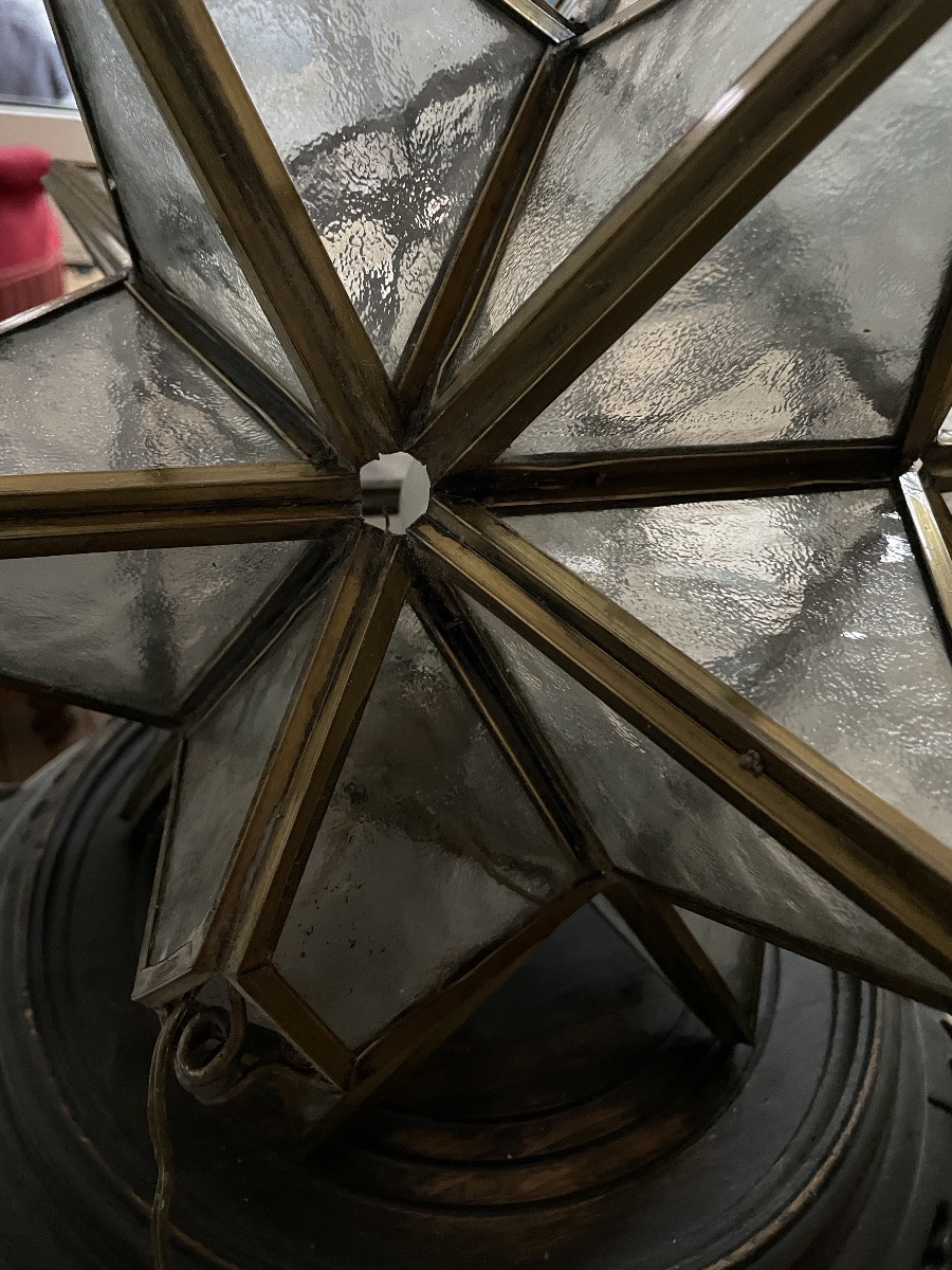 Suspension Étoile ancienne en bronze et verre Cathedrale -photo-6