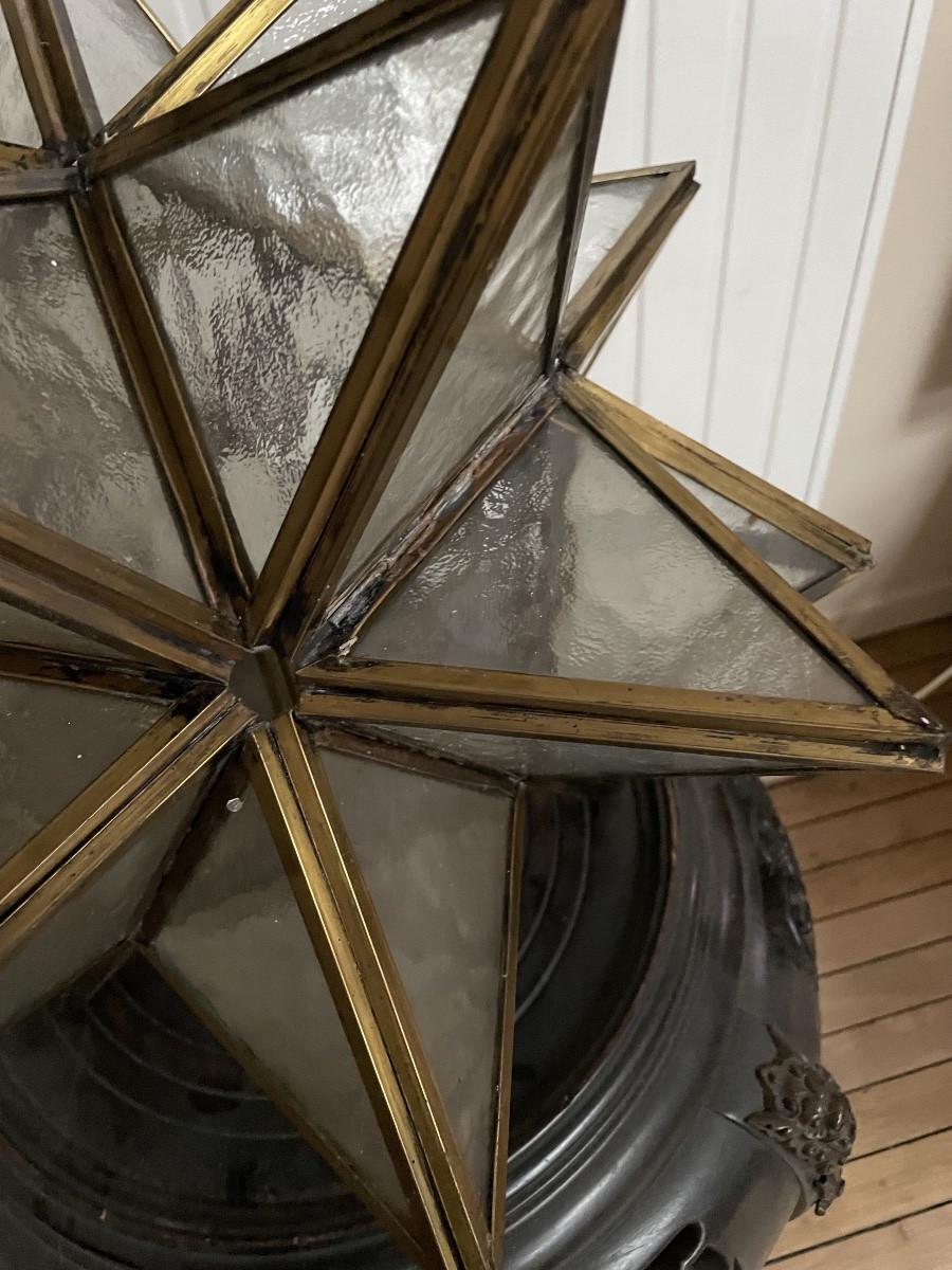 Suspension Étoile ancienne en bronze et verre Cathedrale -photo-7