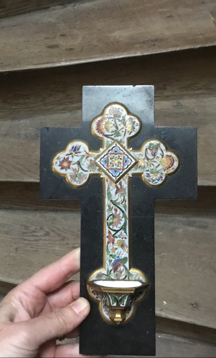 Crucifix Forming A Wall-mounted Holy Water Font In Marble And Enamel -photo-6