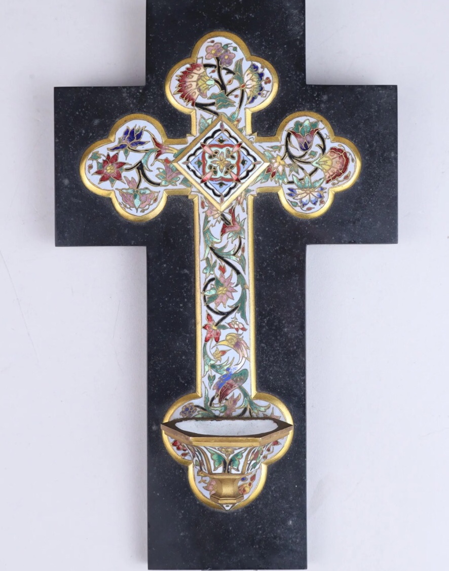 Crucifix Forming A Wall-mounted Holy Water Font In Marble And Enamel 