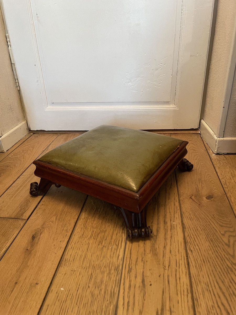 English Mahogany And Green Leather Footrest-photo-2