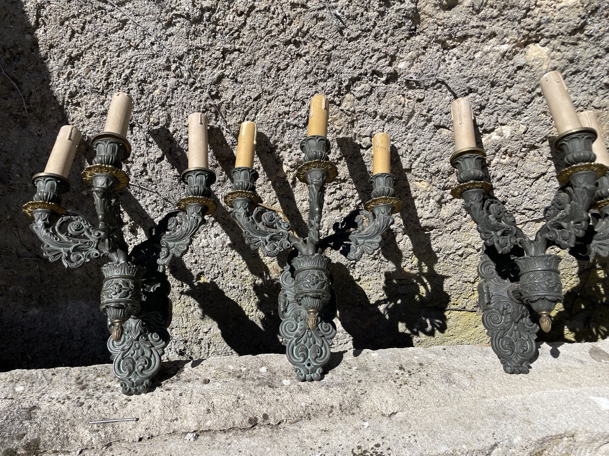 Les 3 appliques d’époque Restauration à deux patines -photo-1