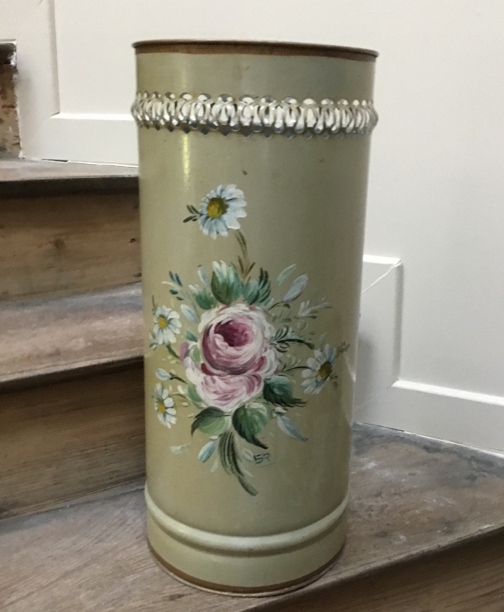 PORTE PARAPLUIE EN TÔLE LAQUÉE À DÉCOR D’UN BOUQUET DE FLEURS