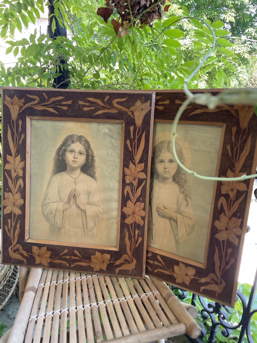 The Pair Of Large Art Nouveau Pyrographed Frames -photo-2